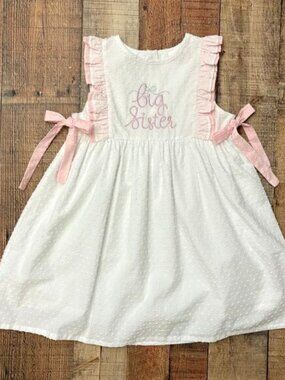 Stitchy Fish Big Sister Dress White Pink Ruffle Bow Girls Multiple Sizes Avail.
